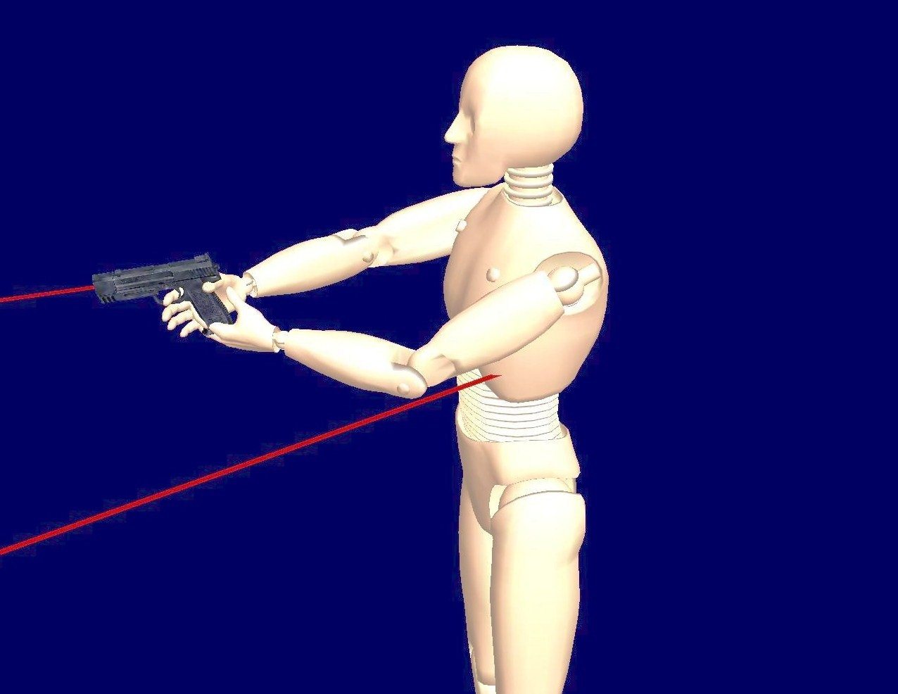 3D ballistics reconstruction of an articulated figure aiming a handgun with plotted bullet trajectory lines