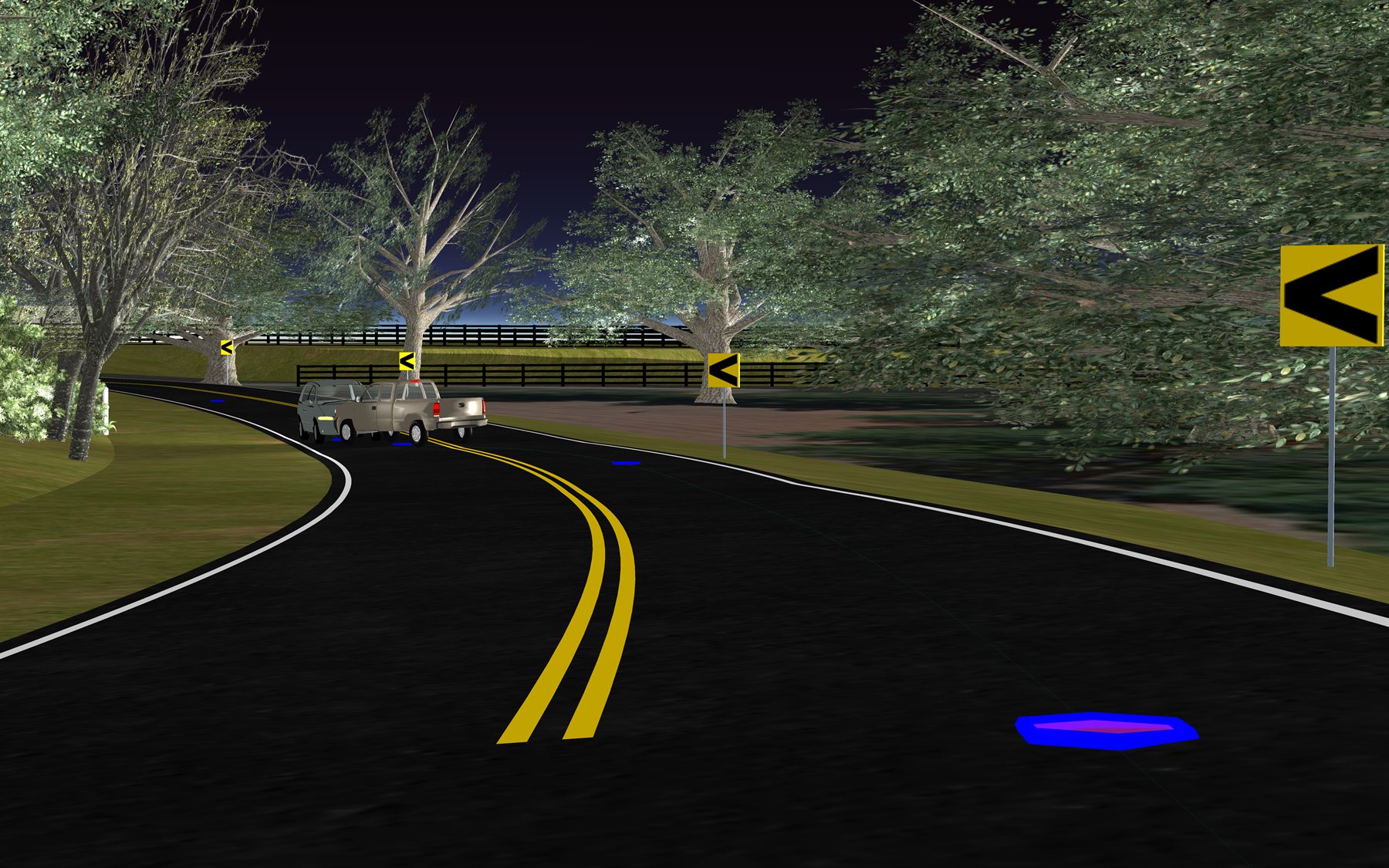 3D reconstruction render of a night collision on a curving rural road with plotted evidence markers