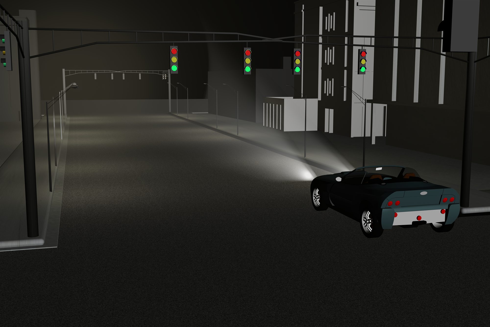 3D render of a vehicle at a night urban intersection with headlight beams and traffic signals