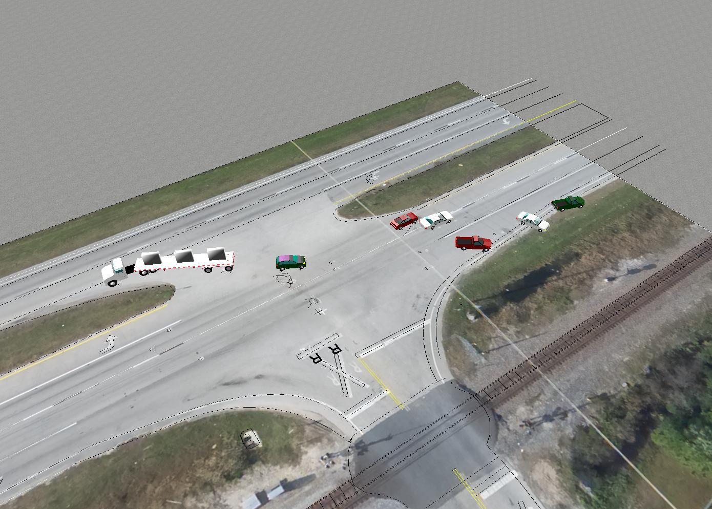 Accident reconstruction composited onto an aerial photograph with survey linework and vehicle positions